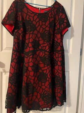 Red Dress with Black Floral Overlay